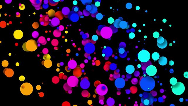 4k looped seamless abstract background, beautiful multi-colored circles in flat style like paint bubbles or dye droplets in water. Luma matte as alpha channel. Particles increase and decrease 3