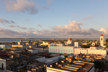 Aerial view of the historic town center with dome of government building and church towers seen at sunrise, Cienfuegos, Cuba