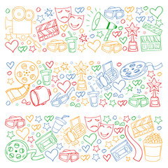 Vector pattern with cinema icons. Movie Theater, TV, popcorn, video clips, musical