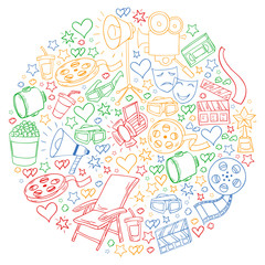 Vector pattern with cinema icons. Movie Theater, TV, popcorn, video clips, musical