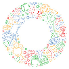 Vector pattern with cinema icons. Movie Theater, TV, popcorn, video clips, musical