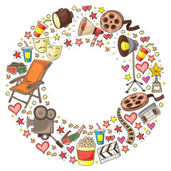 Vector pattern with cinema icons. Movie Theater, TV, popcorn, video clips, musical