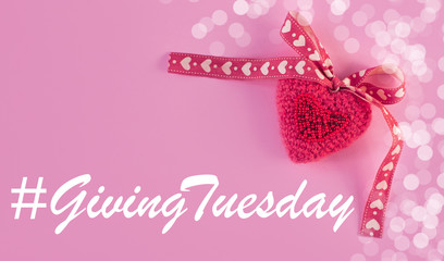 Giving Tuesday website header template. Beautiful pink heart on pastel purple background flat lay,creative minimal design. Give Help Donation Support card, Provide Volunteer Banner,top view copy space