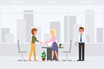 Two woman hands shaking meeting appointment with man assistant vector illustration. Partners making negotiation deal at office interior cartoon character set on cityscape background