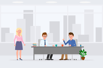Two man sitting at desk, meeting, discussing, making decisions in office workplace vector illustration. Woman assistant standing, boy and guy talking at table cartoon character design