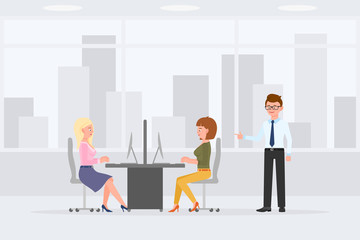 Cartoon character office worker women sitting at desk, typing on computer, desktop, keyboard vector illustration. Business man manager standing, pointing finger in workplace interior