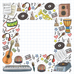 Vector pattern with musical intstruments. Rock, jazz, disco, karaoke. Modern and classic music. Doodle style icons.