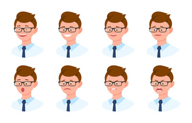 Emotional face cartoon character young office man 3/4 side view design vector illustration set. Happy, smiling, upset, surprised, sad, angry, shouting eyeglasses person flat style concept