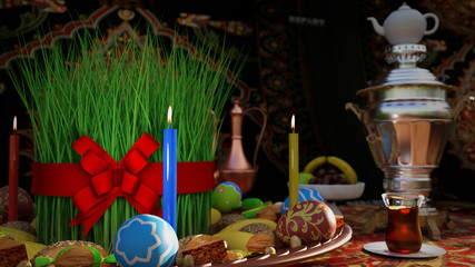 Novruz setting in Azerbaijan with black tea in armudu pear shape drinking glass with green wheat grass semeni with red ribbon for celebration. Spring equinox, Persian Nowruz greeting card copy space
