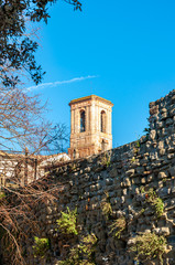 Bettona, village in Umbria of Etruscan origins, Italy. Close to Assisi, it rises on the banks of the Tiber river. View of the bell tower of the Church of 