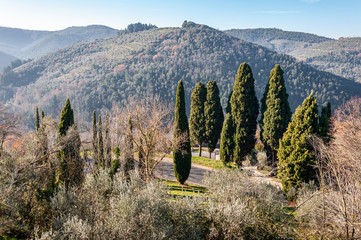 Bettona, village in Umbria of Etruscan origins, Italy. Close to Assisi, it rises on the Martani mountains on the banks of the Tiber river. View of the hills outside the walls.