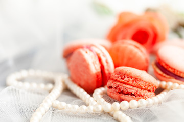 Colorful and bright delicious homemade traditional french dessert - elegant macarons. Natural fruit and berry flavors, sweet creamy stuffing. Top view, close up, macro. White background