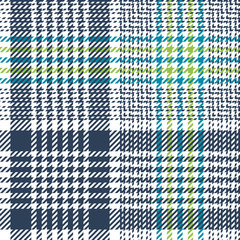 Seamless glen plaid pattern. Tweed check plaid abstract background texture in blue, green, and white for jacket, skirt, trousers, or other modern spring, autumn, or winter textile design.