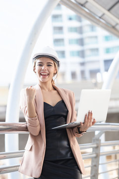 Happy Engineer Women In Stylish Suits With Laptop Successful Deal Against, Successful Work, Stance Glad.