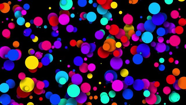 4k looped seamless abstract background, beautiful multi-colored circles in flat style like paint bubbles or dye droplets in water. Luma matte as alpha channel. Particles increase and decrease 6
