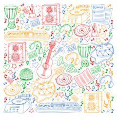 Vector pattern with musical intstruments. Rock, jazz, disco, karaoke. Modern and classic music. Doodle style icons.