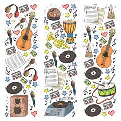 Vector pattern with musical intstruments. Rock, jazz, disco, karaoke. Modern and classic music. Doodle style icons.