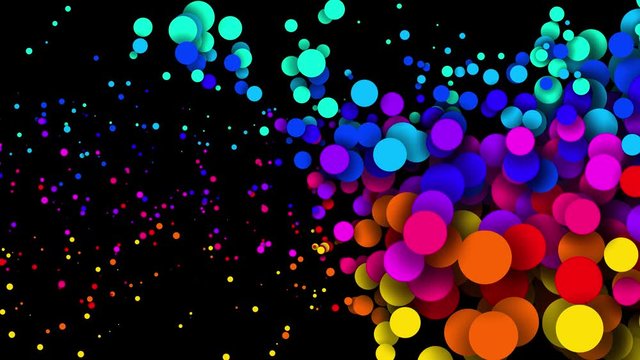 4k looped seamless abstract background, beautiful multi-colored circles in flat style like paint bubbles or dye droplets in water. Luma matte as alpha channel. Particles increase and decrease 7