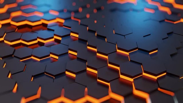 Abstract black of futuristic black surface honeycom hexagon pattern with orange light. Moving futuristic backgound. 4K 3D loop animation