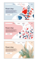 Flower shop landing page template. Vector flat illustration of flowers and branches.