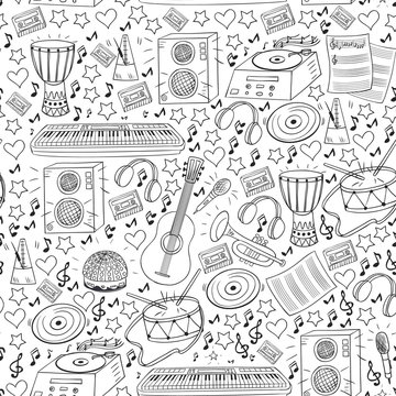 Vector pattern with musical intstruments. Rock, jazz, disco, karaoke. Modern and classic music. Doodle style icons.