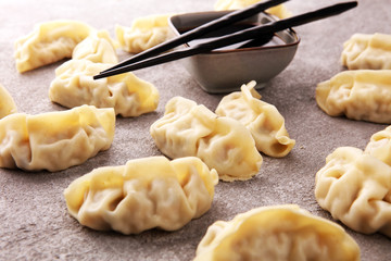 Gyoza or dumplings snack with soy sauce.