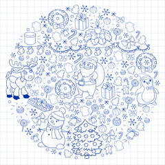 Obraz premium Merry Christmas and happy new year. Santa Claus, deer, snowman, penguin. Vector pattern.
