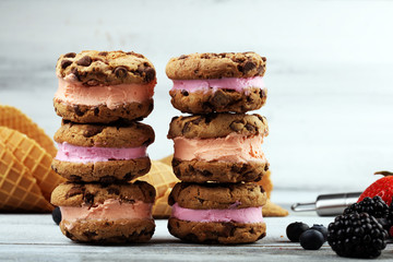 ice cream sandwiches with strawberry and chocolate. Chocolate Chip Cookie Ice Cream Sandwich
