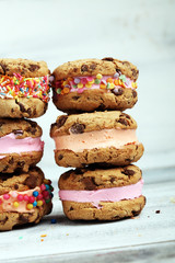 ice cream sandwiches with strawberry and chocolate. Chocolate Chip Cookie Ice Cream Sandwich