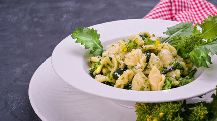 orecchiette alla pugliese, homemade Italian pasta. Orecchiette with turnip tops. Traditional food...