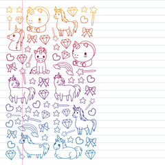 Children pattern with fairy tale unicors for kids clothes, posters, banners, shirts. Vector image with cartoon character.