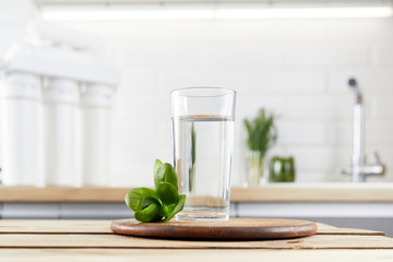 A glass of clean water with osmosis filter, green leaves on a wooden table. Concept of a water...