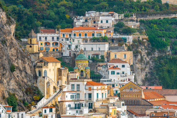 Amalfi cityscape on coast line of mediterranean sea, Italy