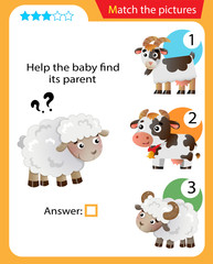 Obraz na płótnie Canvas Matching game, education game for children. Puzzle for kids. Match the right object. Help the little sheep find its parent.