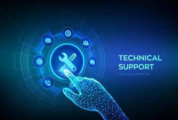 Technical support. Customer help. Tech support. Customer service, Business and technology concept. Robotic hand touching digital interface. Vector illustration.