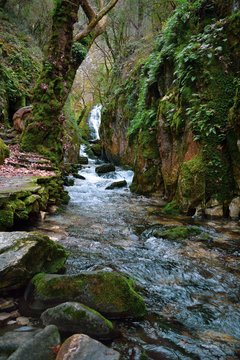 Ayazma National Park in Ida Mountains and flowing stream with waterfall