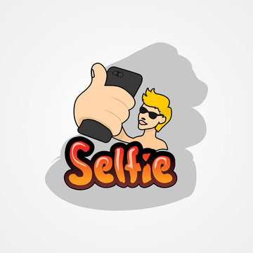 Young man taking selfie with smartphone simple flat style vector illustration