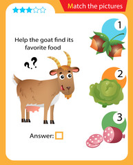 Matching game, education game for children. Puzzle for kids. Match the right object. Help the goat find its favorite food.