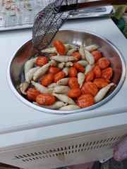 Closeup of fish balls being fried in the pan. Food concept.