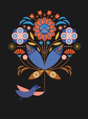 Obraz premium Greeting or invitation card. Stylized decorative bouquet and bird. Banner, poster template. Birthday card. Flat design