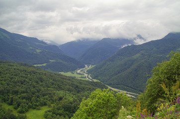 Fototapeta na wymiar Scenic view of valley of the river after rain. Nature and travel. Russia, North Caucasus, Karachay-Cherkessia, Arkhyz