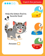 Matching game, education game for children. Puzzle for kids. Match the right object. Help the cat or kitten find his favorite food.