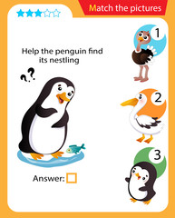 Matching game, education game for children. Puzzle for kids. Match the right object. Help the penguin find its nestling.