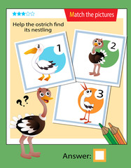 Matching game, education game for children. Puzzle for kids. Match the right object. Help the ostrich find its nestling.