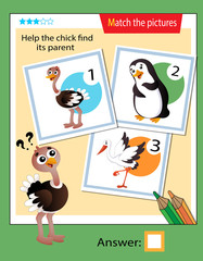Matching game, education game for children. Puzzle for kids. Match the right object. Help the nestling find his parent. Ostrich.