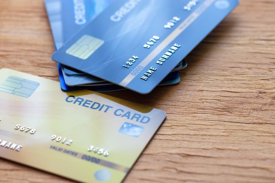 Mock Up Credit Cards (fake) Stack And Lay Down On Wood Table