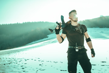 Fototapeta premium Special forces soldiers with weapon take part in military maneuver. war, army, technology and army concept