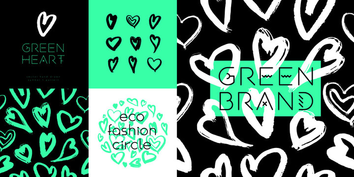 Green fashion pattern, eco fashion concept for green love banner template. Vector drawings of heart. Eco friendly seamless background. Aqua menthe colors. Crystal-clear waters. Love environment idea.