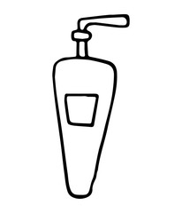 Hand drawn doodle White cosmetic bottle. Black stroke, simple line. Vector illustration isolated on white background.