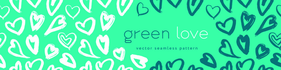 Green fashion pattern, eco fashion concept for green love banner template. Vector drawings of heart. Eco friendly seamless background. Aqua menthe colors. Crystal-clear waters. Love environment idea.